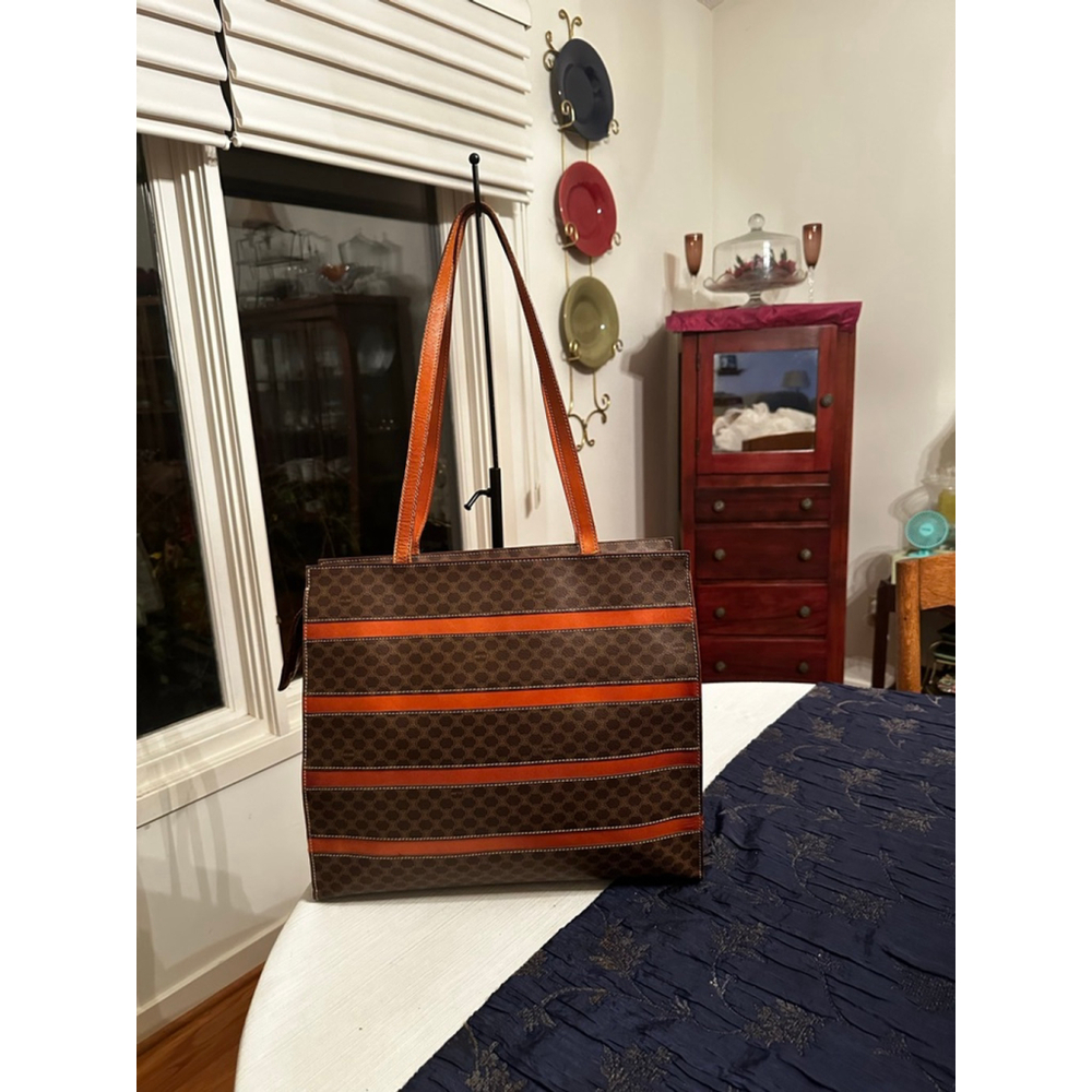 Celine Brown Macadam Monogram Orange Stripe Tote Bag - Picture 3 of 16